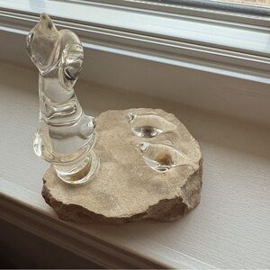 Indigenous Art Seals Hunter Handmade Elegant Clear Glass Sculpture on Stone Base